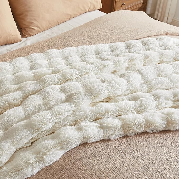JELLYMONI Faux Fur Throw Blanket, White Fuzzy Cozy Plush Bubble Bed Blanket, Thick and Warm, Twin (60" x 80")