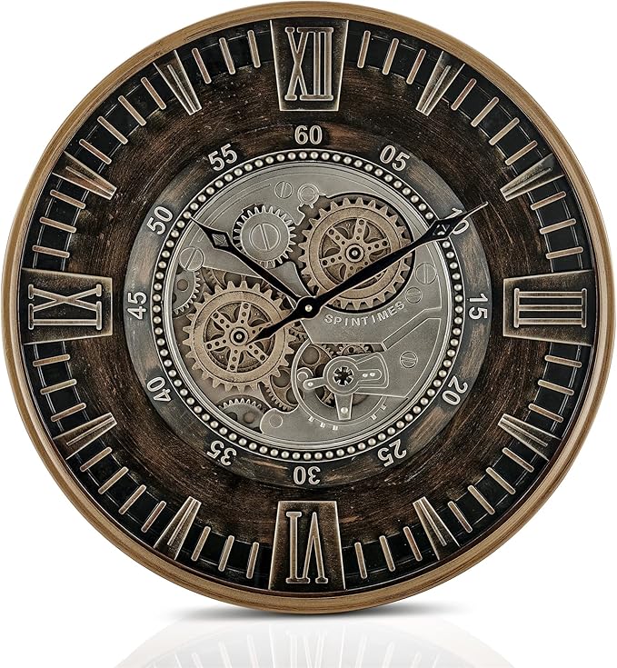 CLXEAST 24 Inch Large Moving Gear Wall Clock for Farmhouse Living Room Decor,Vintage Industrial Bronze Gold Metal Wall Clock for Home Office,House Warming Gifts New Home
