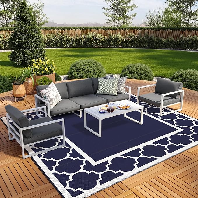 GENIMO 10 ' x 10 ' Outdoor Rug Waterproof for Patio Decor, Foldable Reversible Plastic Straw Area Rugs Mat for Camper, Outside Carpet for Rv, Deck, Porch, Picnic, Beach, Balcony, Blue & White