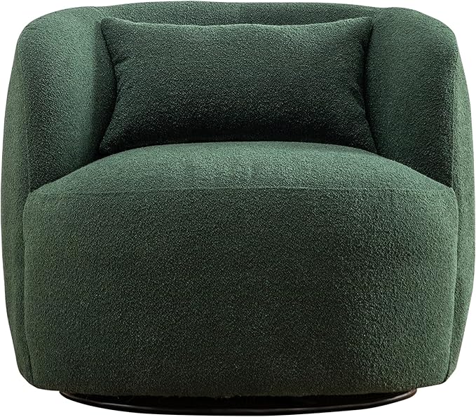 KINWELL 34" Wide Boucle Swivel Barrel Chair, No Assembly Round Upholstered Armchair Accent Chair Single Sofa Chair with Toss Pillow for Living Room and Bedroom, Green