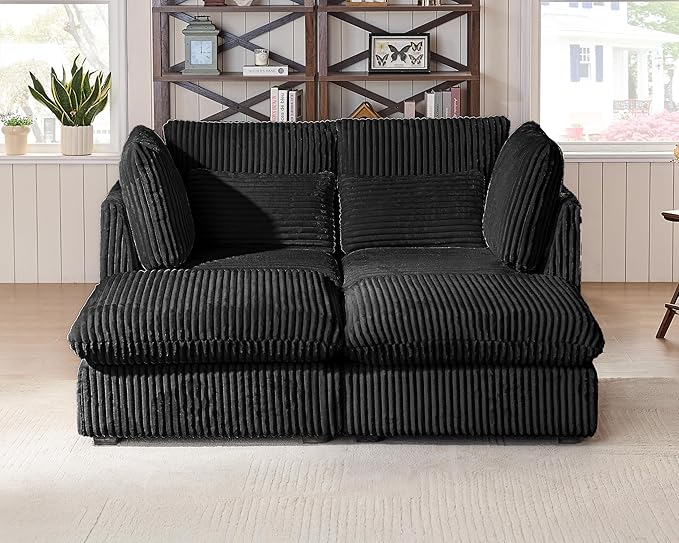 Oversized Modular Sofa, Extra Deep Cloud Corduroy Sectional Couch with Ottoman Chaise, Fluffy Corduroy 4 Seater Couch Bed for Living Room, Villa (Sofa Bed 4 Seater, Corduroy Black)