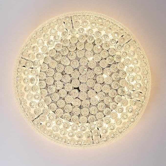 18-Light 32 inch Large Crystal Chandelier Flush Mount Ceiling Light Fixture for Living Room Dining Room Bedroom Foyer Entryway Chrome Finish