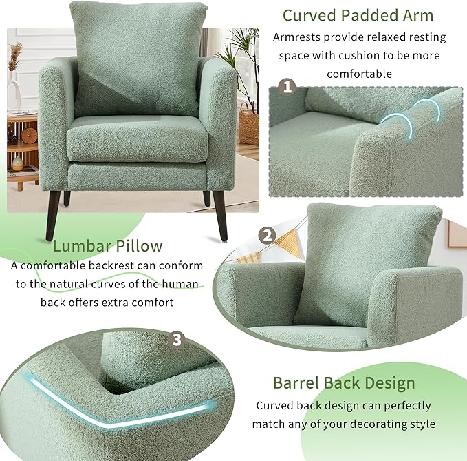Barrel Accent Chair Set of 2 with Back Pillow, Large Teddy Upholstered Armchair with Solid Wood Legs Modern Reading Chairs for Living Room Bedroom
