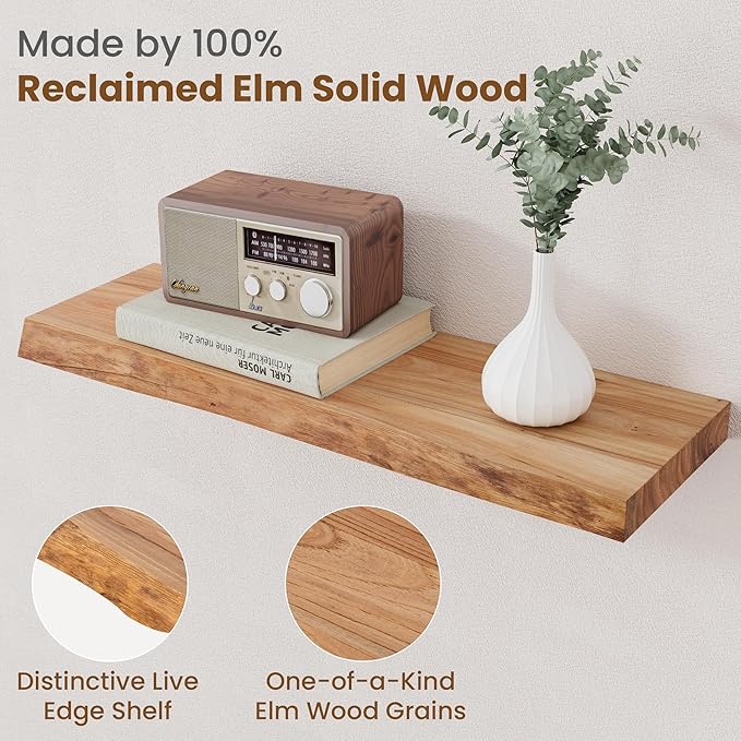 Floating Shelves for Wall Decor, Rustic Solid Elm Wood Floating Shelves Wall Mounted, Wall Shelves with Invisible Bracket for Living Room Bathroom Bedroom Kitchen, 24 Inch Set of 2, Natural