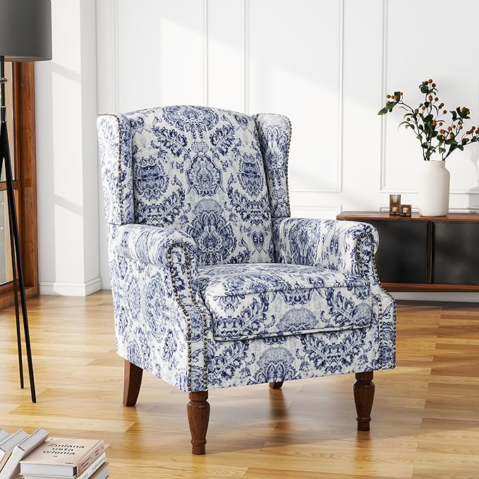 UIXE Floral Accent Chair, High Back Pattern Arm Chair for Living Room, Traditional Fabric Armchair Comfy Upholstered Sofa Reading Seat with Nailhead Trim & Retro Wood Legs - Navy
