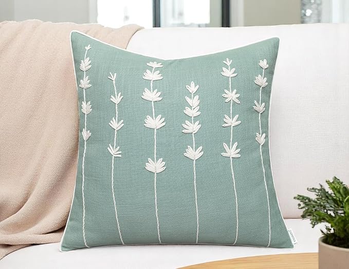 VAGMINE Hand Embroidered Daisy Accent Throw Pillow Cover - 20x20 Inches Square - 100% Cotton Light Teal Decorative Cushion Cover for Couch, Sofa, Bed - Textured Embroidery - Elegant Floral Home Décor