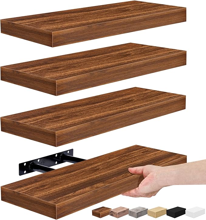 Sorbus Floating Shelves for Wall, Bathroom Shelves Wall Mounted for Kitchen, Bedroom, Living Room, Bathroom Storage, Over Toilet, Hanging Book Shelf for Wall Home Decor (Walnut, 4 Pack)