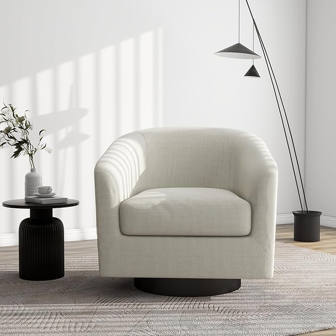 Swivel Barrel Accent Chair, Modern Round Linen Arm Chair for Living Room, Bedroom, Comfy Club Reading Chairs for Adults(Linen Fabric, Beige, Set of 1