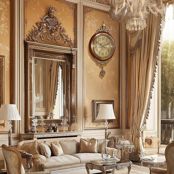 Vintage Wall Clock with Pendulum, 16 Inch Large Retro Metal and Glass Silent Clock for Living Room, Antique Wood Pendulum for Dining Room Office Home Decor