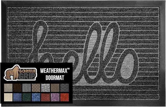 GORILLA GRIP 100% Waterproof All-Season WeatherMax Doormat, 47x35, US Designed Natural Rubber, Stain and Fade Resistant, Low Profile Indoor Outdoor Door Mats, Easy Clean Patio Mat, Charcoal Hello