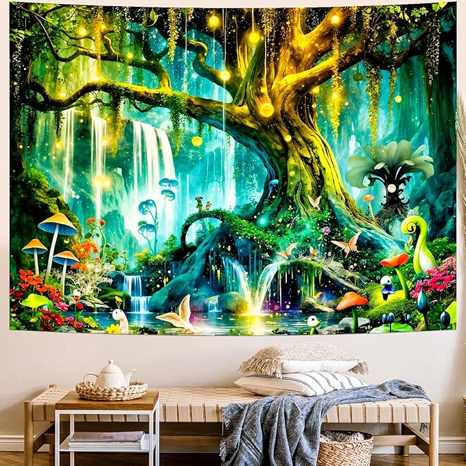 Delur Magical Forest Tapestry Fantasy Tree of Life Enchanted Fairy Tale Forest Tapestry Mystical Psychedelic Nature Landscape Wall Hanging Headboard for Bedroom Living Room Home Decor (51.2" x 59.1")