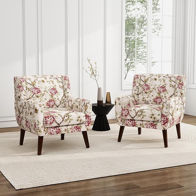 UIXE Floral Accent Chair, Modern Upholstered Armchair in Fabric for Living Room, Comfy Club Arm Chairs Single Sofa Button Tufted Bedroom Reading Seat - Pattern Floral, Set of 2