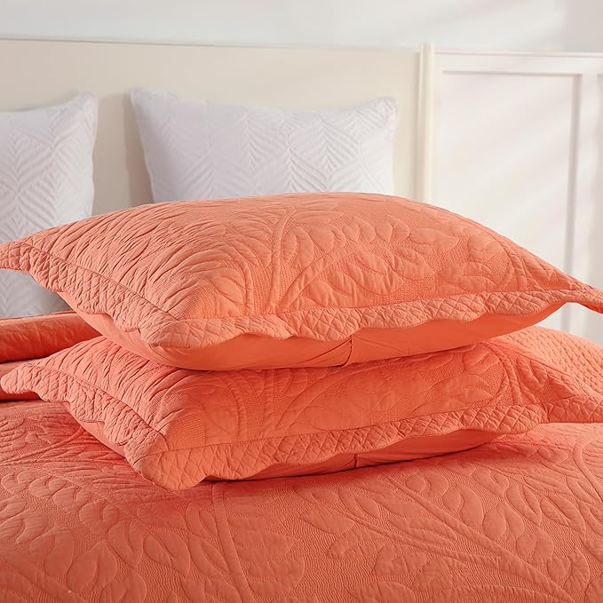 MarCielo 3-Piece 100% Cotton Oversized Bedspread Lightweight Quilt Coverlet Embroidery Farmhouse Bedding Set T0 (Salmon, Oversized Queen (100"x106"))