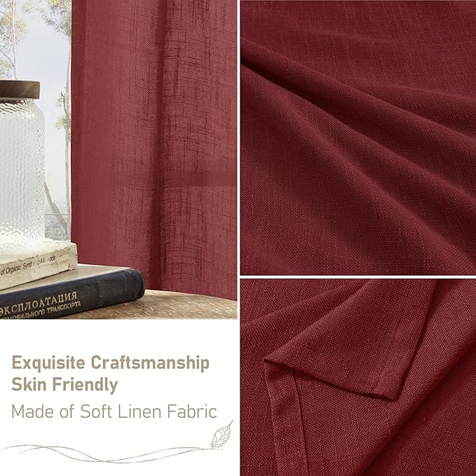 LAMIT Red Linen Curtains 40 Inches Long for Kitchen, Semi Sheer Light Filtering Panels Bronze Grommet Christmas Decor Drapes for Small Windows/Bathroom, 2 Panels Set, Burgundy Red, 34 x 40 Inch