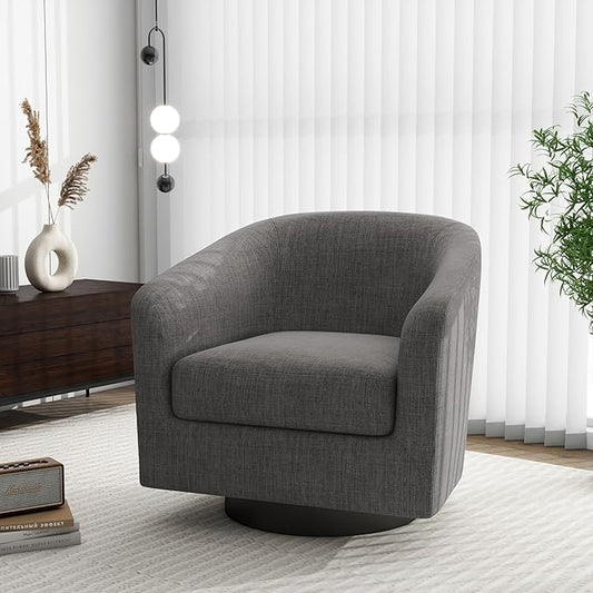 Swivel Barrel Accent Chair, Modern Round Linen Arm Chair for Living Room, Bedroom, Comfy Club Reading Chairs for Adults(Linen Fabric, Grey, Set of 1