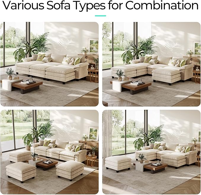 LINSY HOME Modular Sectional Sofa - 123'' Oversized Sleeper Sofa Cloud Couch Corduroy Sofa Bed with Movable Ottoman Soft Modern Comfy Couch for Living Room Apartment Office, Beige