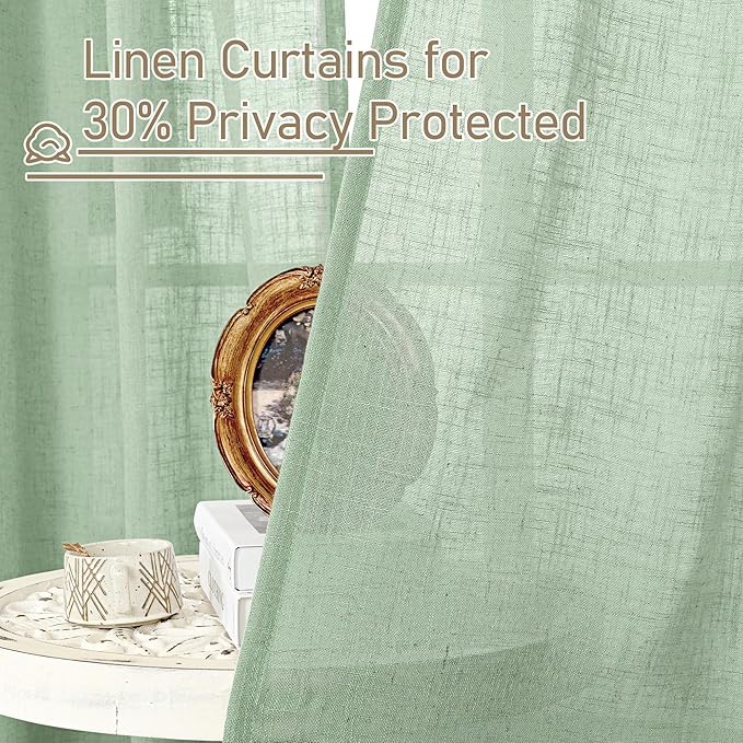 LAMIT Linen Curtains for Living Room 84 inch Length 2 Panels, Light Filtering Semi Sheer Panels Bronze Grommet Farmhouse Drapes for Bedroom/Sliding Glass Door, Fresh Green, 52 x 84 Inch