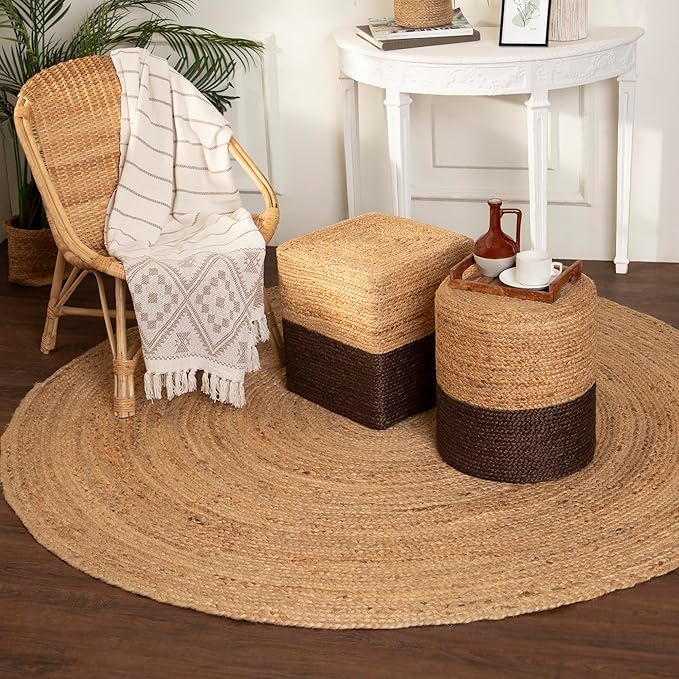 REDEARTH · Cube Pouf Foot Stool Ottoman - Jute Braided Pouffe Poof Accent Sitting Footrest for The Living Room, Bedroom, Nursery, Patio, Lounge - Set of 2 (14.5”x14.5”x16”; Natural Acorn)