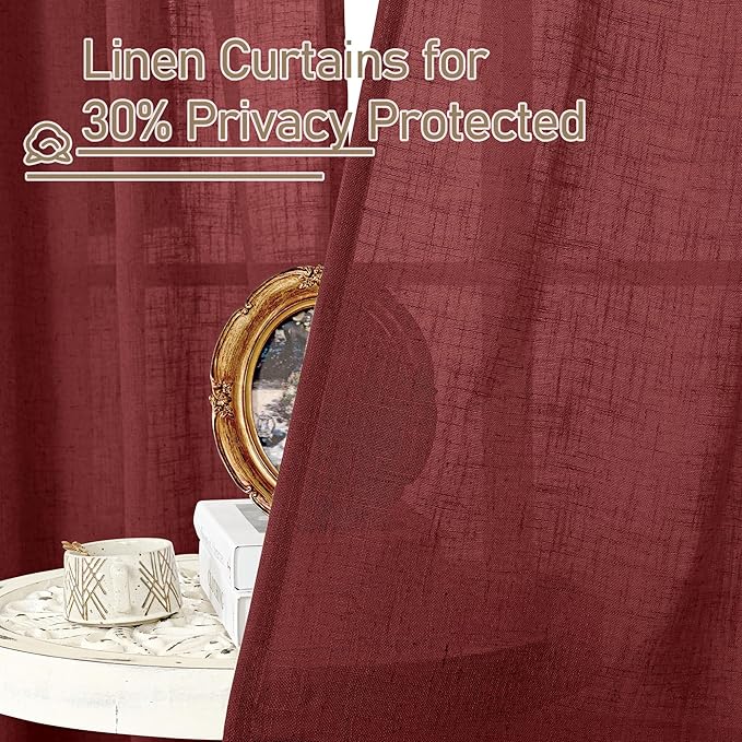 LAMIT Red Linen Curtains 40 Inches Long for Kitchen, Semi Sheer Light Filtering Panels Bronze Grommet Christmas Decor Drapes for Small Windows/Bathroom, 2 Panels Set, Burgundy Red, 34 x 40 Inch