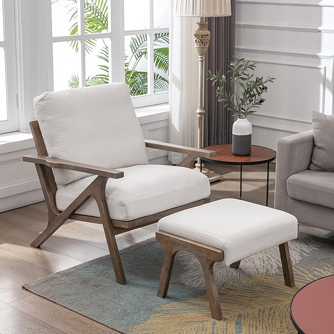 chairus 2 Sets Mid-Century Modern Accent Chairs with Ottoman, Linen Fabric Armchair with Wood Legs Comfy Upholstered Single Sofa Chair for Living Room/Bedroom/Lounge, White