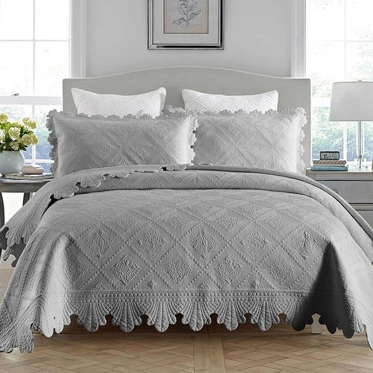 MarCielo 3-Piece 100% Cotton Oversized Bedspread Lightweight Quilt Coverlet Embroidery Farmhouse Bedding Set (Tk Light Grey, Oversized Queen (100"x106"))