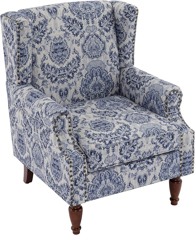 UIXE Floral Accent Chair, High Back Pattern Arm Chair for Living Room, Traditional Fabric Armchair Comfy Upholstered Sofa Reading Seat with Nailhead Trim & Retro Wood Legs - Navy