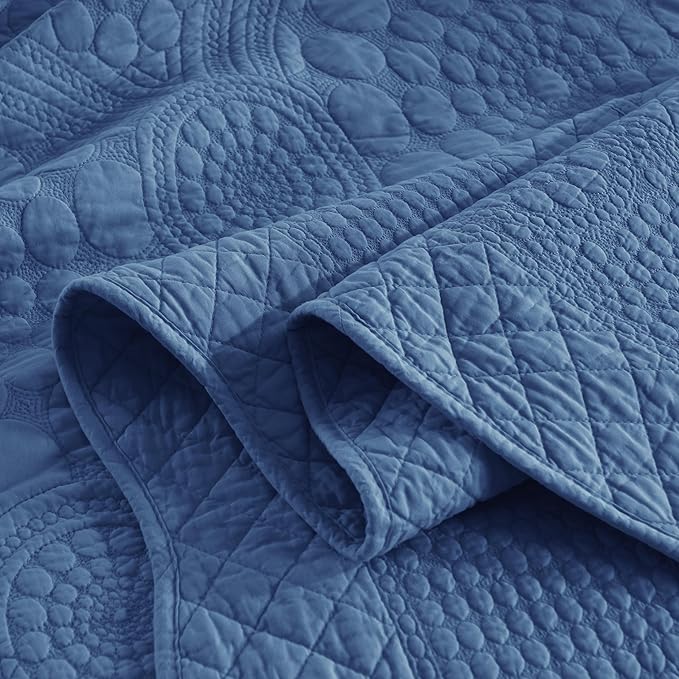 MarCielo 3-Piece 100% Cotton Oversized Bedspread Lightweight Quilt Coverlet Embroidery Farmhouse Bedding Set (Tf Midtone Blue, Oversized King (118"x106"))