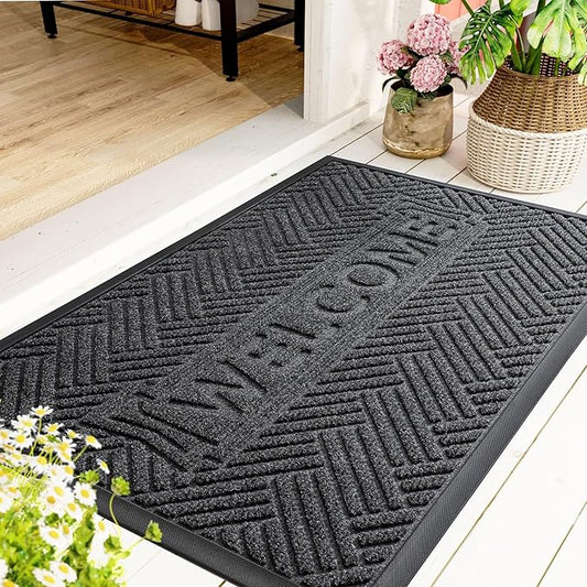 Mibao Front Door Mat Outside Entrance, Durable Outdoor Indoor Mat, Low Profile Heavy Duty Doormat, Non-Slip, Traps Dirt and Moisture, Easy Clean Patio Porch Entryway Mat, 36" x 24", Grey