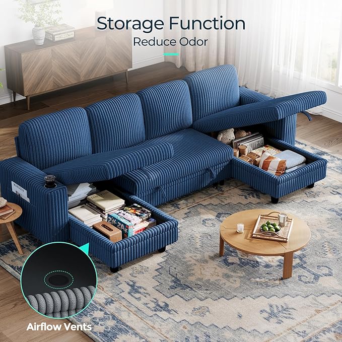 LINSY HOME Sectional Sleeper Sofa with Pull Out Couch Bed - Convertible Plush Corduroy Cloud Couch with Storage Chaise & USB Charging, Comfy U Shaped Modular Couches for Living Room, Blue