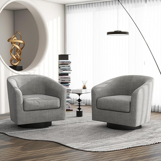Swivel Barrel Accent Chair, Modern Round Linen Arm Chair for Living Room, Bedroom, Comfy Club Reading Chairs for Adults(Linen Fabric, Light Grey, Set of 1