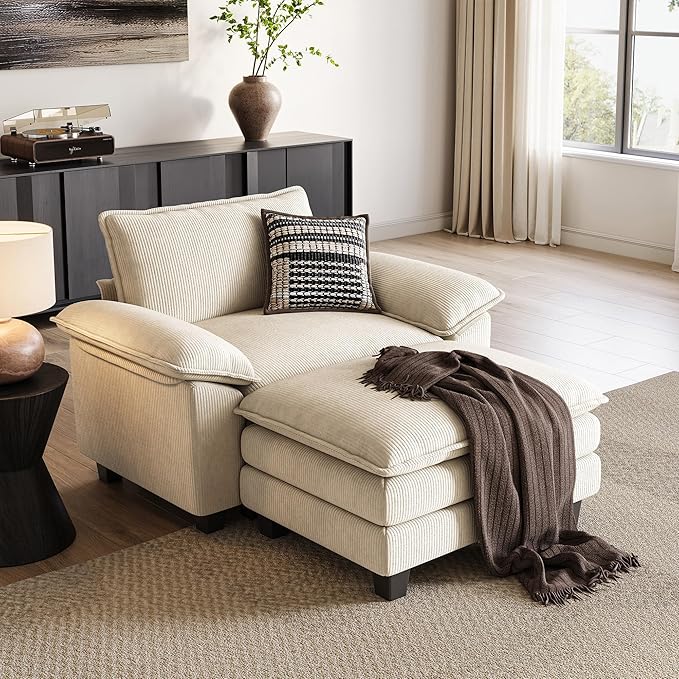 LINSY HOME Sofa Chair with Movable Ottoman - Corduroy Cloud Couch Chair Soft Comfy Modern Sofa Chaise Single Sleeper Chair Bed for Living Room Apartment Office, Beige