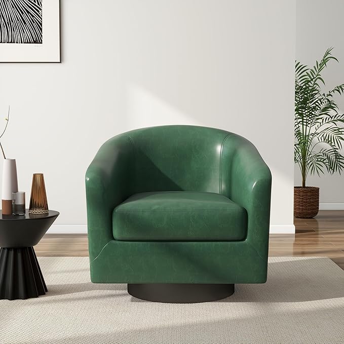 Swivel Barrel Accent Chair, Modern Round Faux Leather Arm Chair for Living Room, Bedroom, Comfy Club Reading Chairs for Adults(Faux Leather, Green, Set of 1)