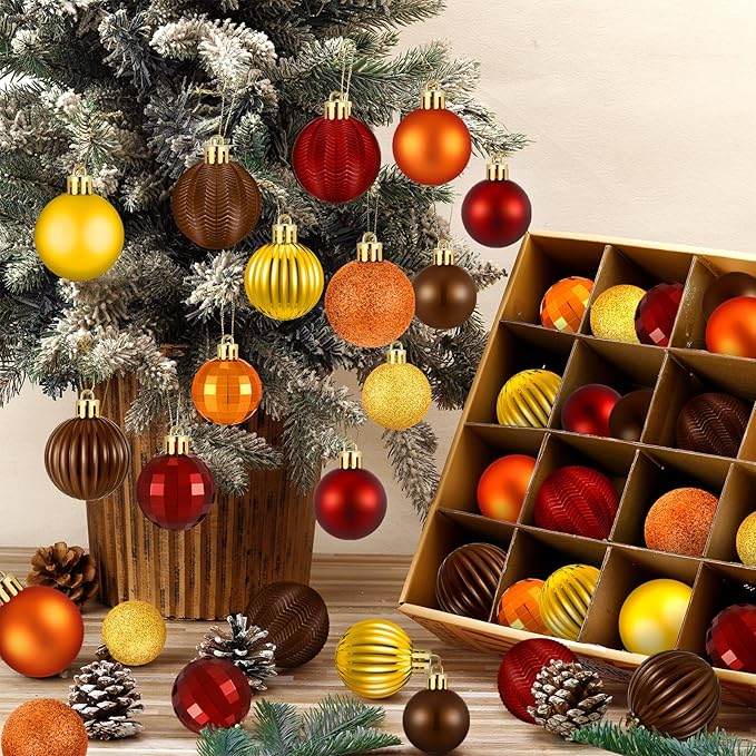 64 Pcs Fall Thanksgiving Ball Ornaments for Christmas Tree Glitter Gold Orange Brown Ornament Hanging Autumn Decoration Assorted Size Harvest Ornament for Home Indoor Decor, 1.6/1.97/2.4 Inch