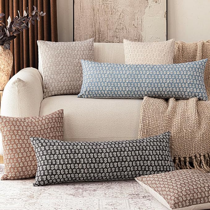 Foindtower Set of 2 Decorative Floral Body Lumbar Throw Pillow Covers Neutral Modern Farmhouse Cushion Covers Vintage Home Decor for Sofa Couch Chair Bedroom Living Room,14×36 Inch,Tan Taupe