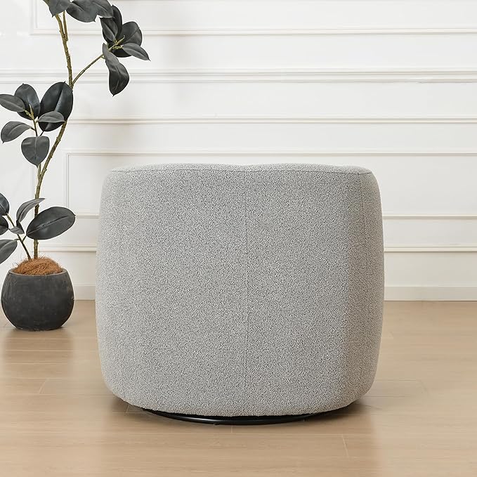 KINWELL 34" Wide Sherpa Swivel Barrel Chair, No Assembly Round Boucle Upholstered Accent Chair Armchair Single Sofa Chair with Toss Pillow for Living Room and Bedroom, Gray