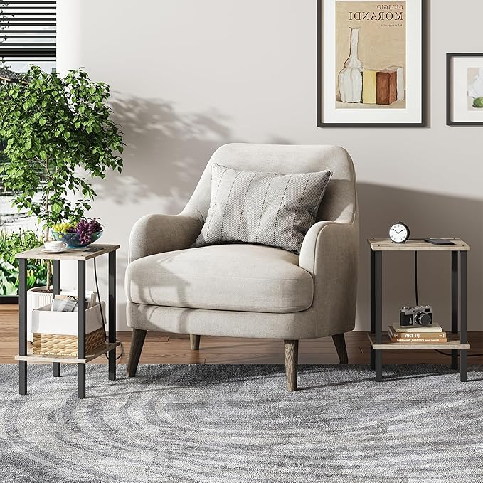 TUTOTAK End Table with Charging Station, Small Side Table with Outlets, Nightstand Bedside Table, 2-Tier Storage Shelf for Small Space, Living Room, Bedroom, Greige TB01BG040