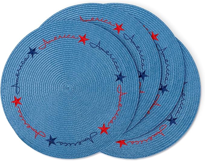 Whaline 4Pcs Round Independence Day Placemats Patriotic Stars Embroidered Place Mats 4th of July Dinner Table Mats for Home Holiday Birthday Party Decor