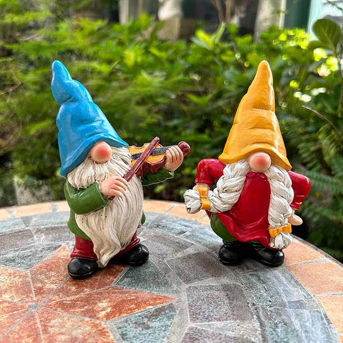 Garden Gnome Duo Decorative Figurines 5.5“ Ornament for Indoor Outdoor Home Garden Decor,Musical Violin Player and Dancing, Colorful Outdoor Statues, Set of 2