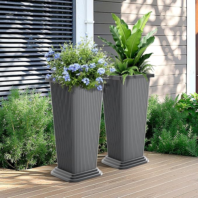 FENCY Set of 2 Tall Planters for Outdoor Plants, 24 Inch Large Tapered Pots with Drainage Trays, Weather-Resistant Plastic Plant Containers for Patio, Porch, Garden, Front Door Decor,Gray,Striped