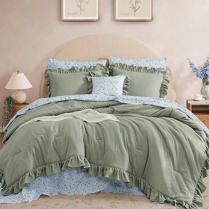 King Comforter Set - 7 Pieces Ruffle Sage Green Bedding Sets, Shabby Chic Farmhouse Bed in a Bag King with Ruffle Comforter, Floral Sheets, Pillowcases & Shams