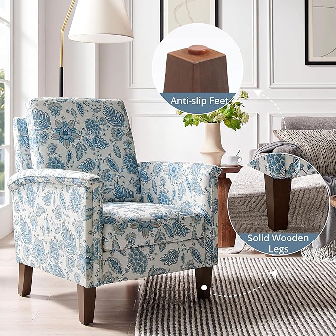 Floral Accent Chair Set of 2, High Back Upholstered Armchair with Solid Wooden Legs, Padded Armrest and Removable Comfortable Cushioned Seat Single Sofa for Living Room, Bedroom, Blue
