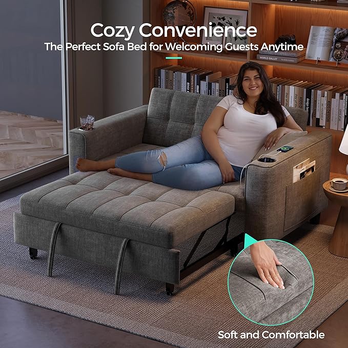 LINSY 3-in-1 Convertible Sofa Bed, 54" Pull Out Sleeper Sofa with Charging Station & Cup Holder, Small Folding Loveseat with Side Pocket for Small Space, Corduroy Couch, Gray