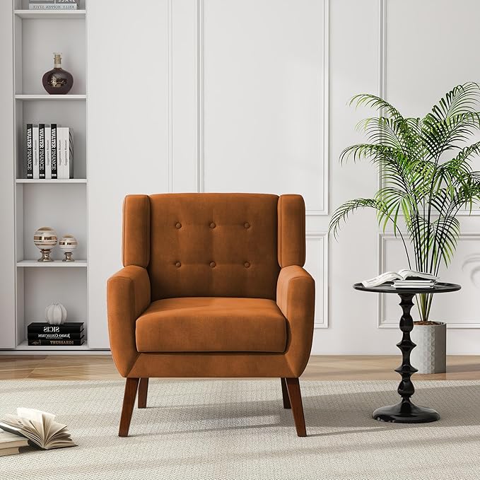 UIXE Accent Chairs Set of 2, Velvet Upholstered Armchair for Living Room, Modern Club Arm Chairs Comfy Single Sofa Button Tufted Bedroom Reading Seat - Orange