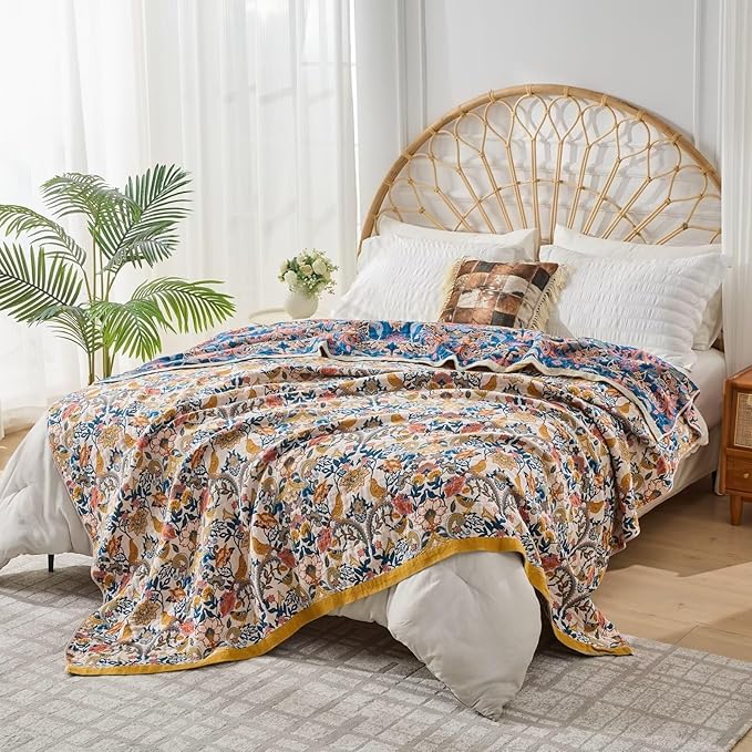 Boho Throw Blanket for Couch,100% Cotton Summer Blanket for Bed, Ultra Soft Rustic Quilt for Bed, Home Decor, Boho Picnic Blankets with Bird and Flowers for All Seasons,Twin 60"x80"