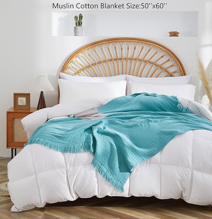 100% Cotton Muslin Throw Blanket for Bed, Couch, Small, Decorative, Soft, Pre-Washed, Breathable and Lightweight Gauze Blanket with Fringes, Suitable for All Seasons, Teal, 50"x60"