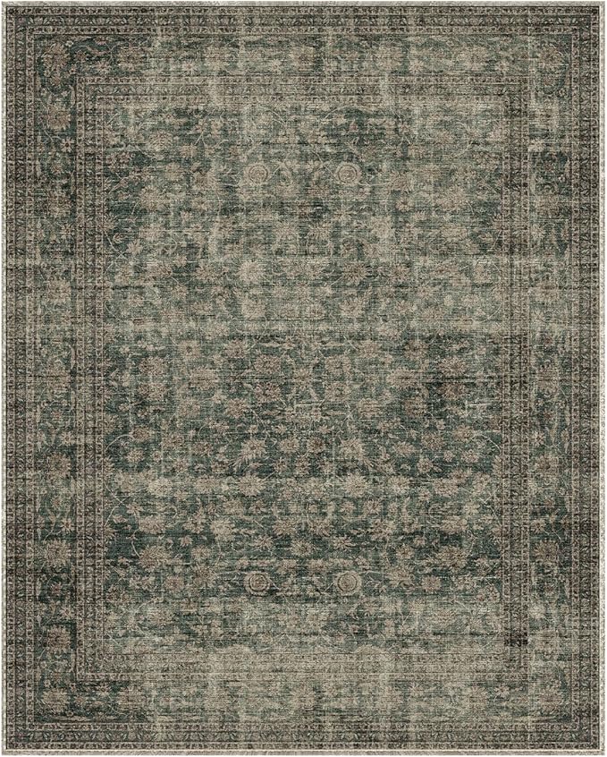 10x12 Area Rugs for Living Room: Large Washable Rugs Stain Resistant Non Slip Distressed Vintage Floral Rug Low Pile Faux Wool Soft Green Rugs for Bedroom Farmhouse Dining Room Kids Playroom Nursery