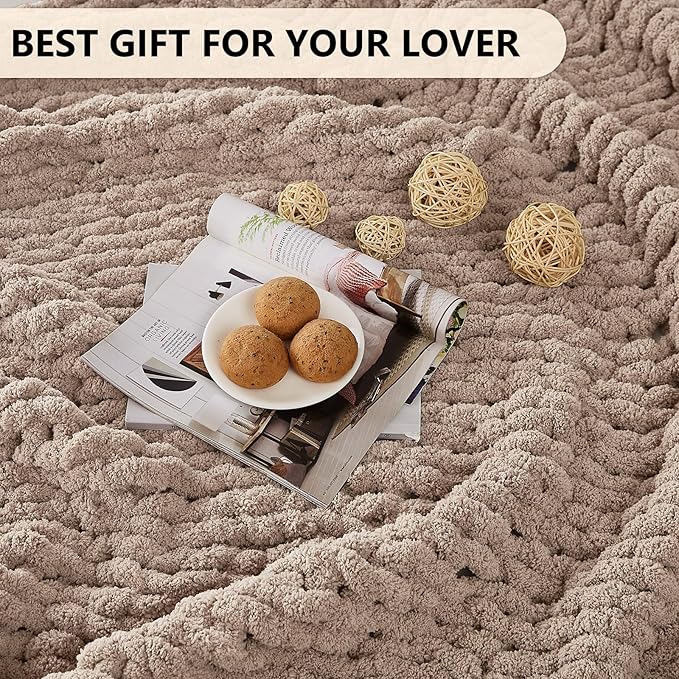 L'AGRATY Chunky Knit Blanket Throw: 80''x90'' Chenille Chunky Knitted Throw Blankets for Bed Couch - Handmade Thick Big Cable Knit Blanket - Large Crochet Rope Blankets for Home Decor(Light Taupe)