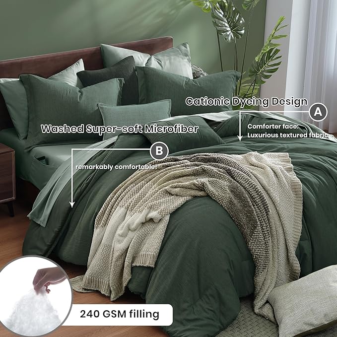 Monbix California King Comforter Set - 7 Pieces Cationic Dyeing Deep Forest Bed in a Bag Cal King Bed Sets with Comforter, Sheets, Pillowcases & Shams, Reversible Bedding Comforters Sets (108 * 92)