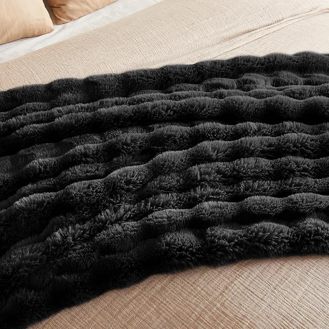 JELLYMONI Faux Fur Throw Blanket, Black Fuzzy Cozy Plush Bubble Bed Blanket, Thick and Warm King (108" x 90")