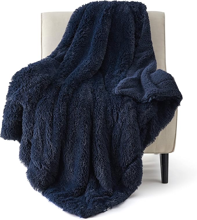 Bedsure GentleSoft Fluffy Navy Blue Throw Blanket for Couch, Dark Blue Gifts for Men, Women, Soft Sherpa Fleece Thick Warm Faux Fur Throw Blanket, Fuzzy Plush Cozy Gifts for Dad Grandpa, 50x60
